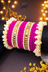 Pearl Rhinestone Fuchsia Pink Velvet Bangles Set