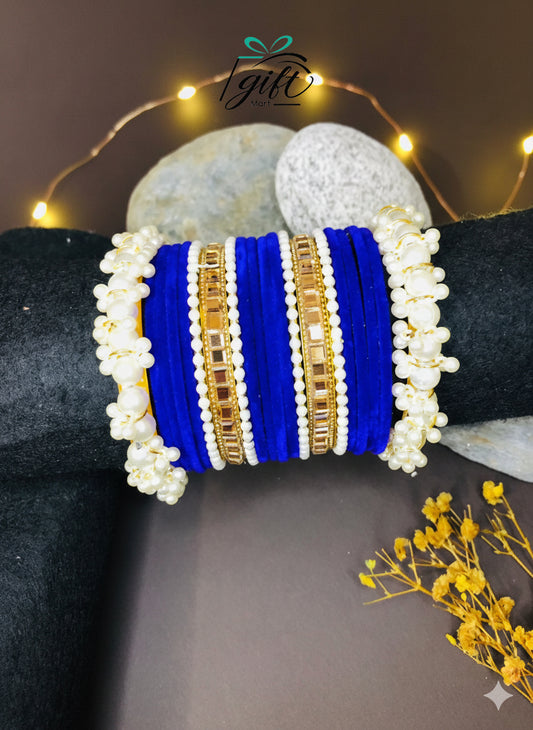 Pearl Rhinestone Dark Blue Velvet Bangles Set