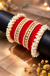 Pearl Rhinestone Red Velvet Bangles Set