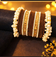 Pearl Rhinestone Brown Velvet Bangles Set