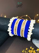 Pearl Rhinestone Dark Blue Velvet Bangles Set