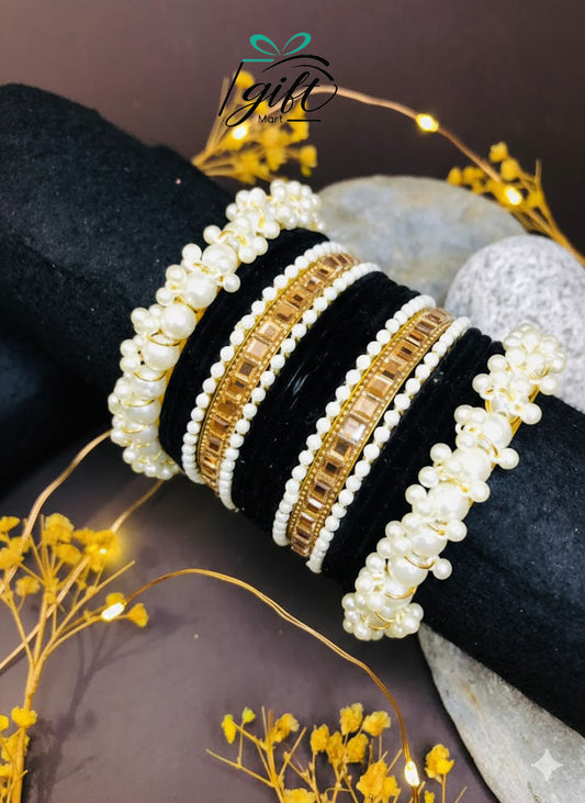 Pearl Rhinestone Black Velvet Bangles Set