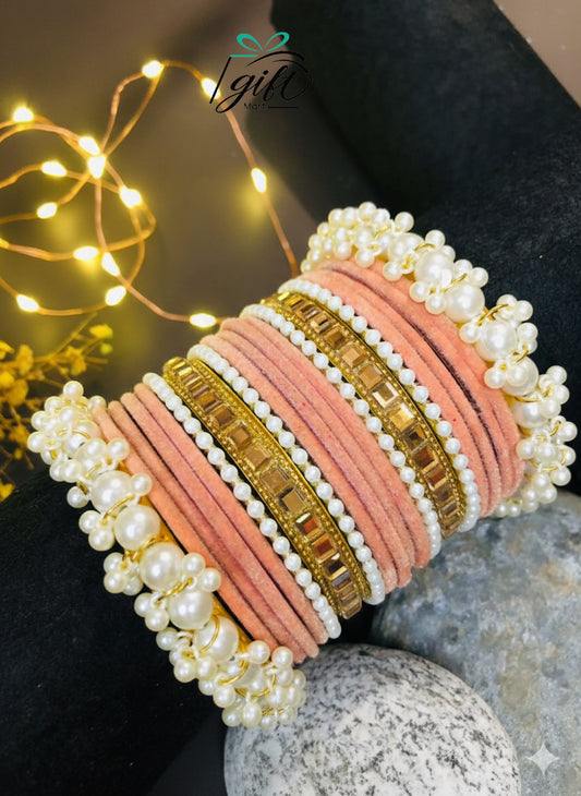 Pearl Rhinestone Peach Pink Velvet Bangles Set
