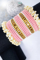 Pearl Rhinestone Pink Velvet Bangles Set