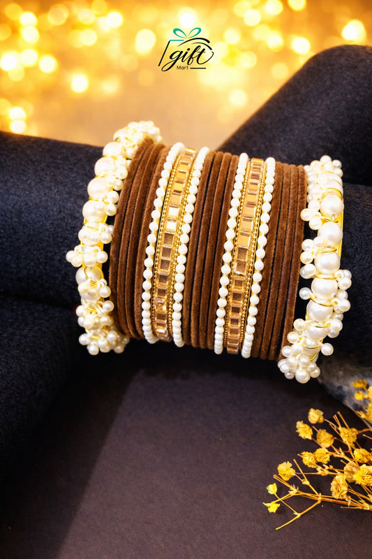 Pearl Rhinestone Brown Velvet Bangles Set