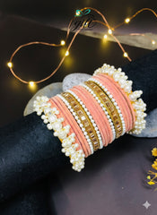 Pearl Rhinestone Peach Pink Velvet Bangles Set