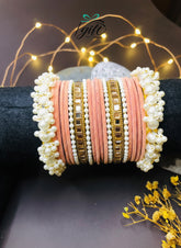 Pearl Rhinestone Peach Pink Velvet Bangles Set