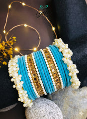 Pearl Rhinestone Deep Sky Blue Velvet Bangles Set (Copy)