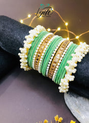 Pearl Rhinestone Green Velvet Bangles Set