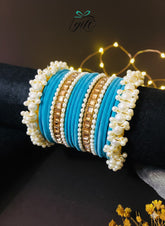 Pearl Rhinestone Deep Sky Blue Velvet Bangles Set (Copy)