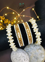 Pearl Rhinestone Black Velvet Bangles Set