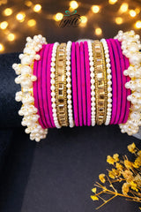 Pearl Rhinestone Fuchsia Pink Velvet Bangles Set