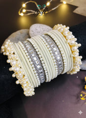 Pearl Rhinestone White Velvet Bangles Set