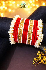 Pearl Rhinestone Red Velvet Bangles Set