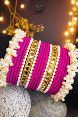Pearl Rhinestone Fuchsia Pink Velvet Bangles Set