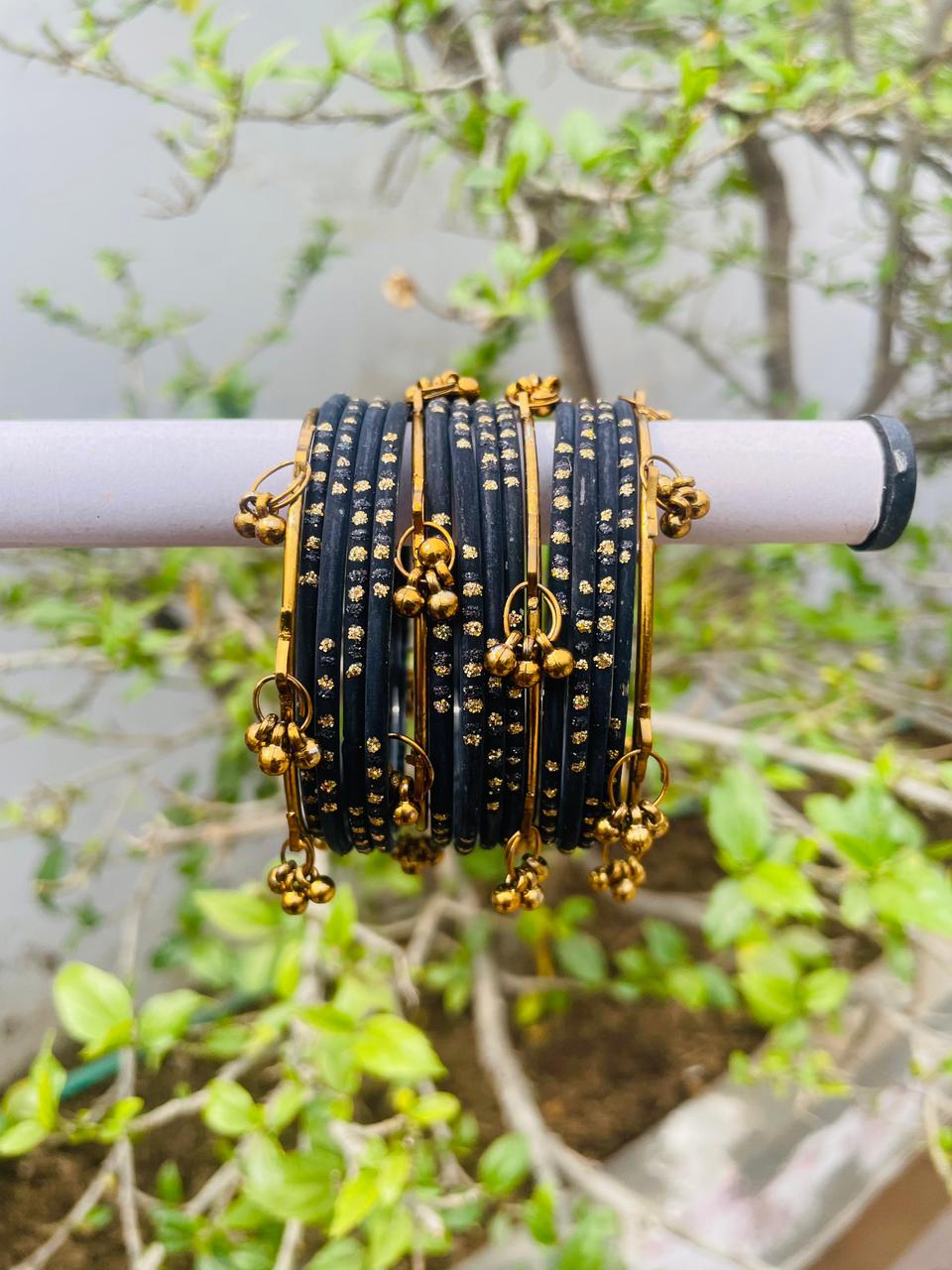 Kashmiri Ghungroo Bangle Set-Black