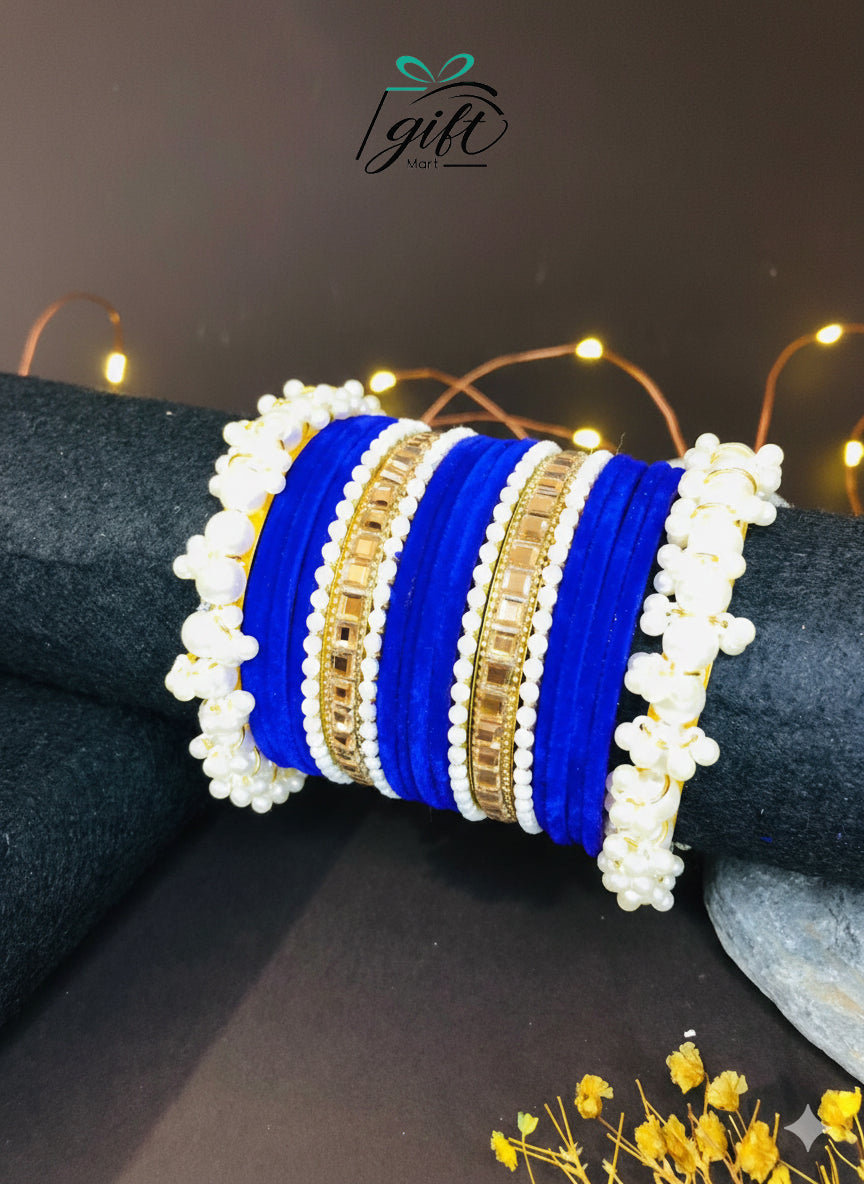 Pearl Rhinestone Dark Blue Velvet Bangles Set