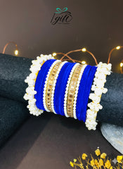 Pearl Rhinestone Dark Blue Velvet Bangles Set