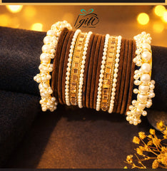 Pearl Rhinestone Brown Velvet Bangles Set