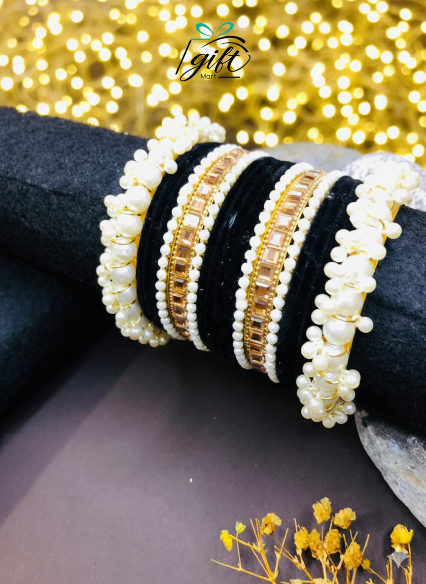 Pearl Rhinestone Black Velvet Bangles Set