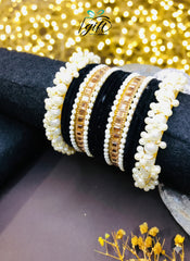 Pearl Rhinestone Black Velvet Bangles Set