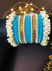 Pearl Rhinestone Deep Sky Blue Velvet Bangles Set (Copy)
