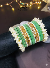 Pearl Rhinestone Green Velvet Bangles Set