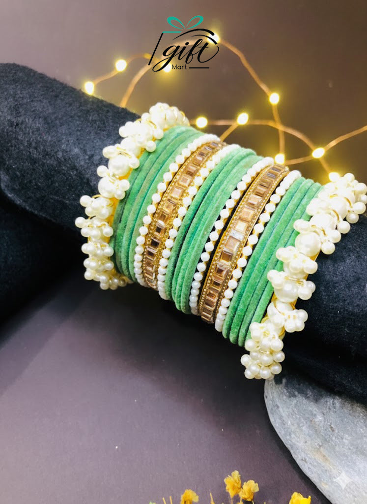 Pearl Rhinestone Green Velvet Bangles Set