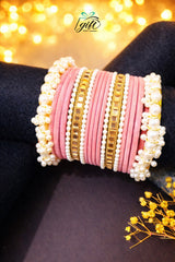 Pearl Rhinestone Pink Velvet Bangles Set