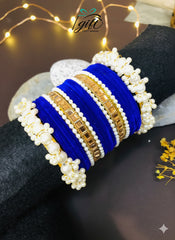 Pearl Rhinestone Dark Blue Velvet Bangles Set