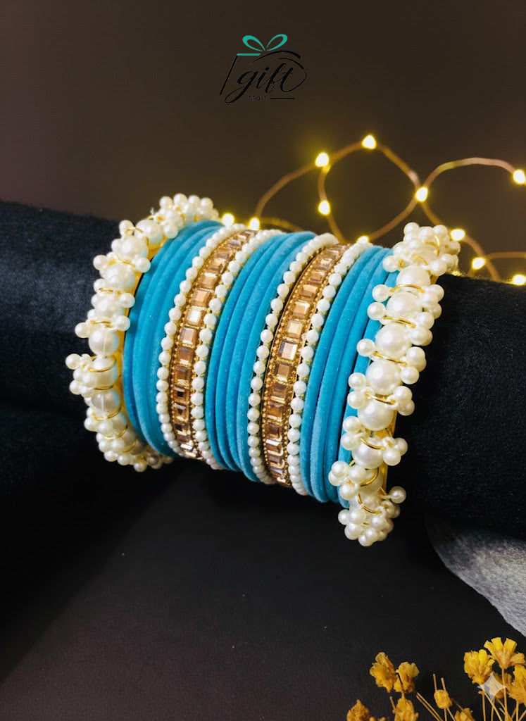 Pearl Rhinestone Deep Sky Blue Velvet Bangles Set (Copy)