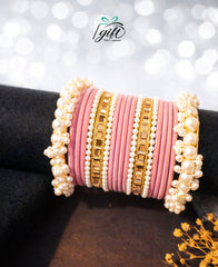 Pearl Rhinestone Pink Velvet Bangles Set