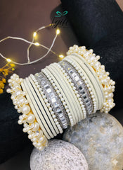 Pearl Rhinestone White Velvet Bangles Set